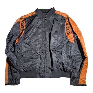 Vtg Y2K Harley Davidson Black Orange Full Zip Embroidered Biker Bomber Jacket XL